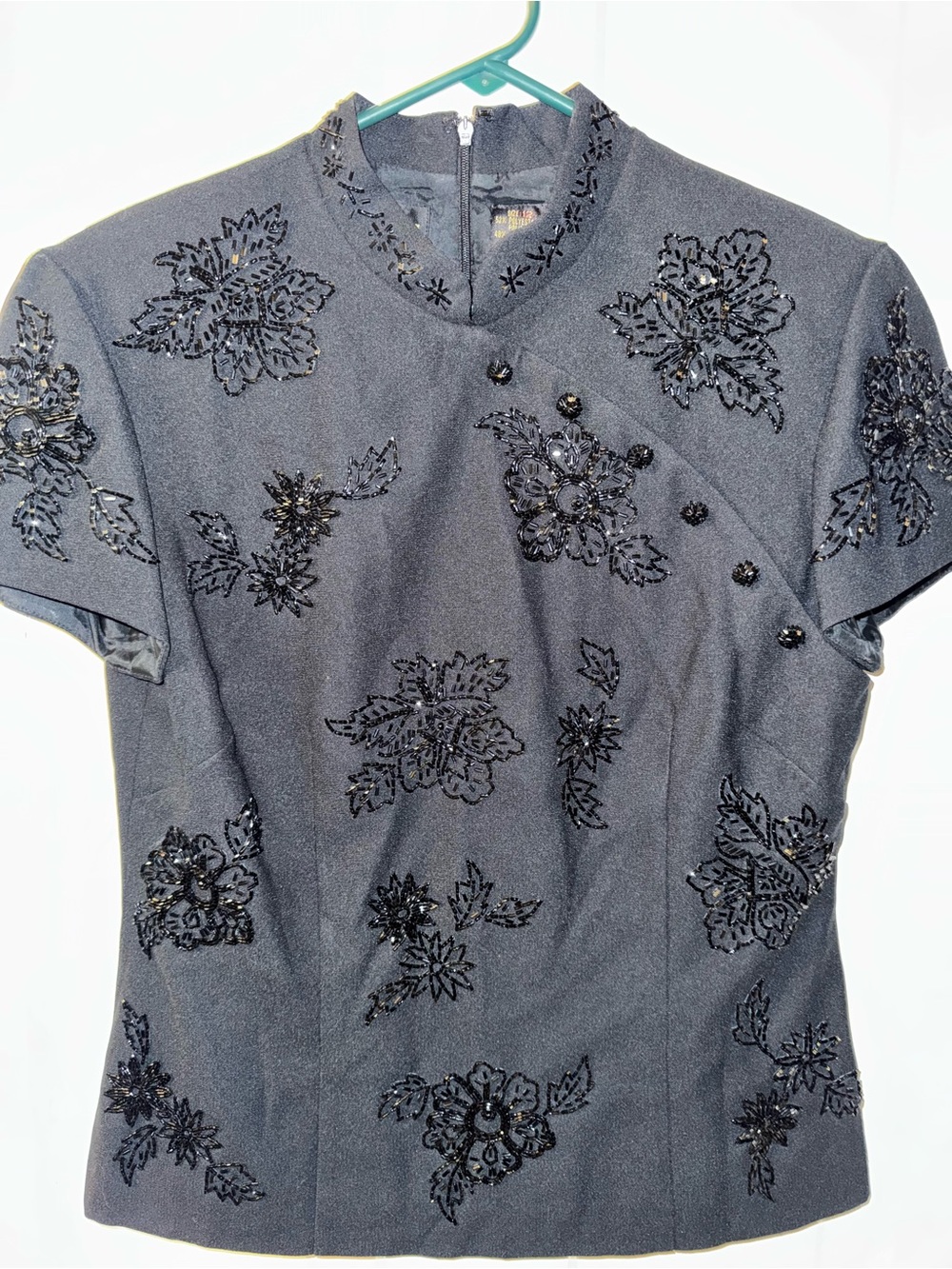 Vintage 90s Y2K Liz Claiborne Night Black Floral Beaded Mandarin Collar Blouse